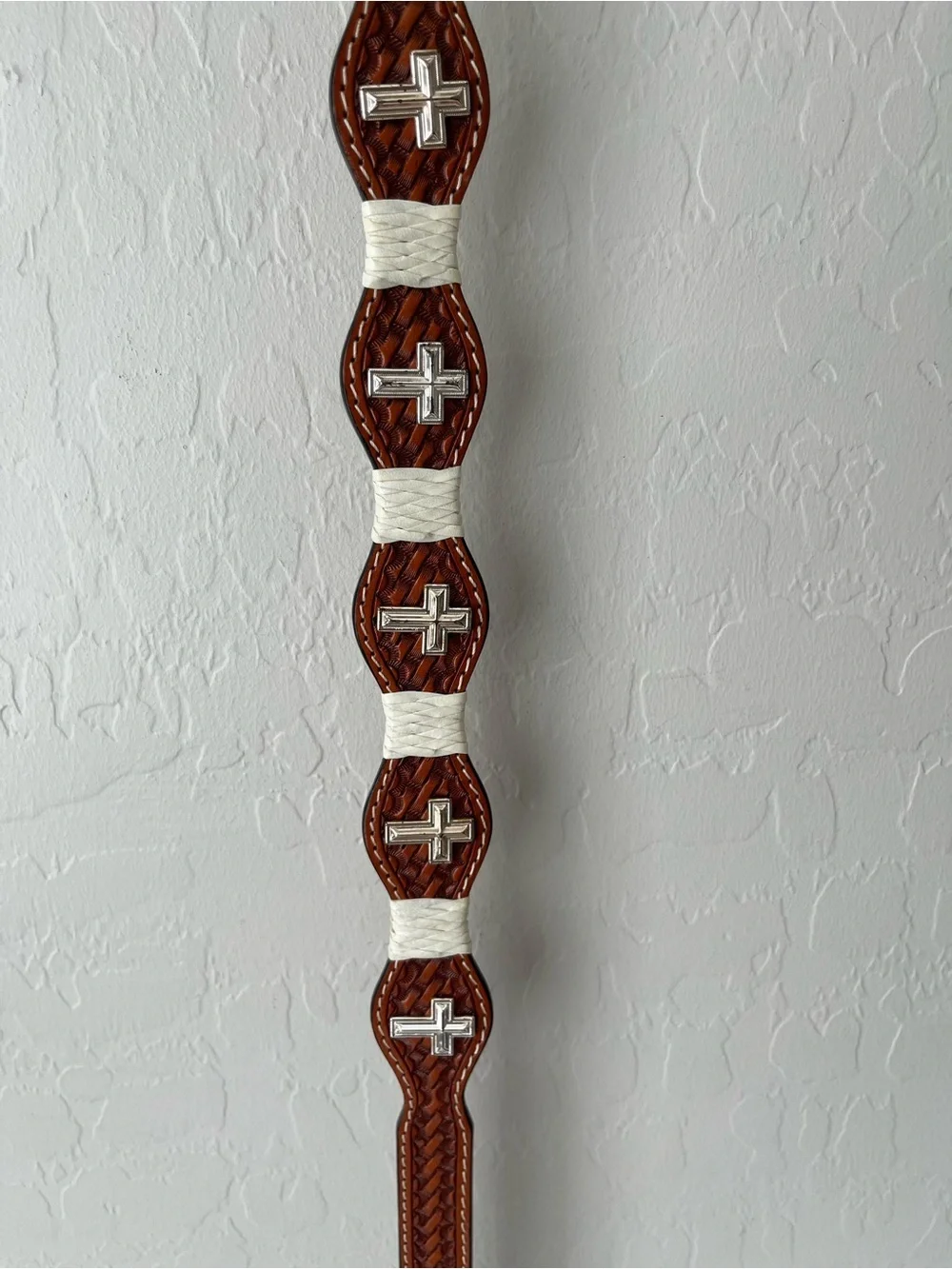 3D DDD Western Leather Tooled Cross Belt Size 36 Tan Brown White Silver